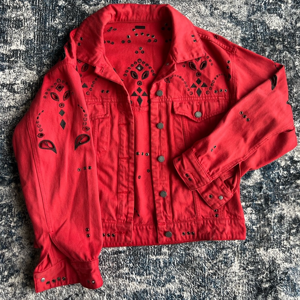 BLANK NYC red and black cut out jean jacket